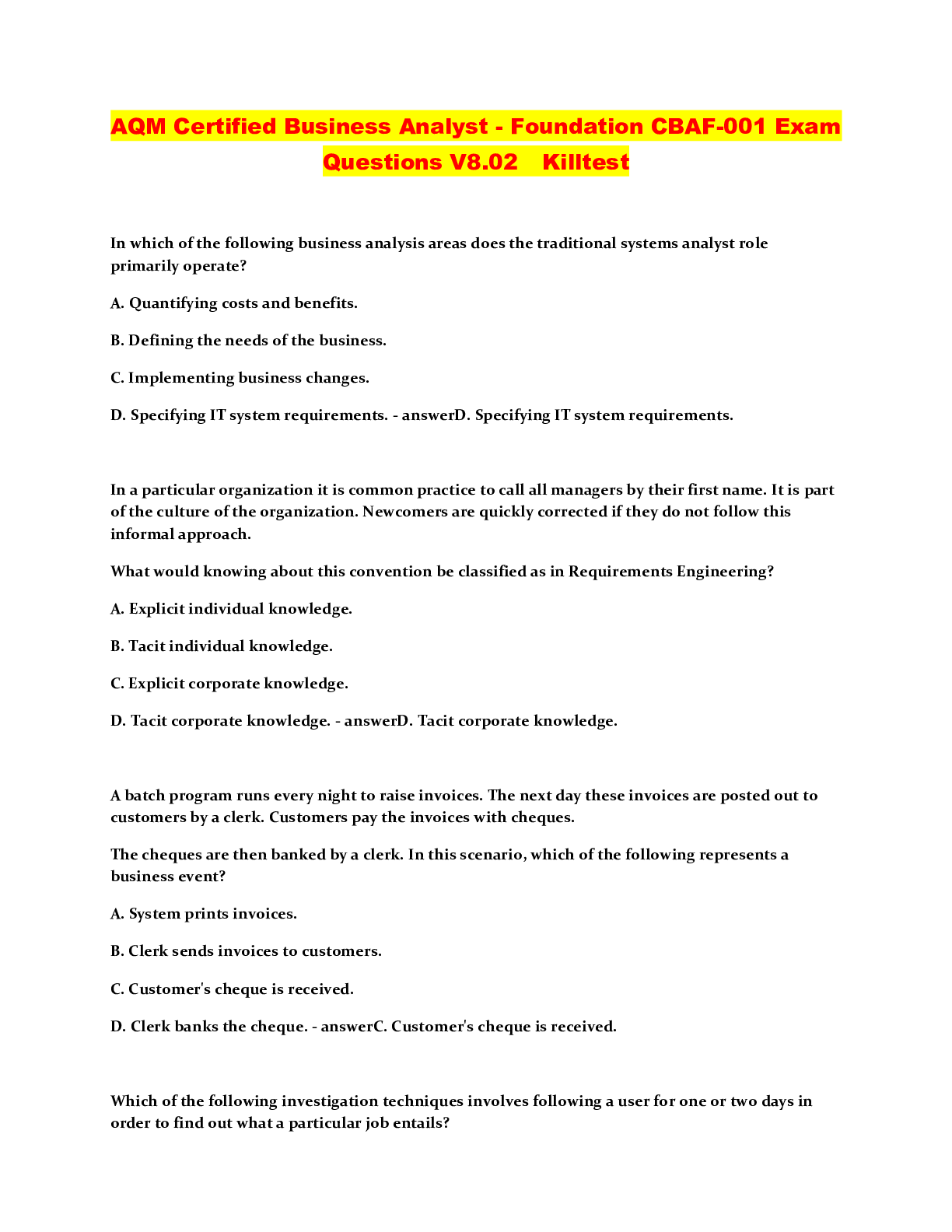 Preview image of AQM Certified Business Analyst - Foundation CBAF-001 Exam Questions V8.02 Killtest document
